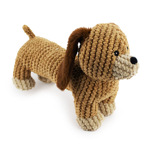 13" Dash Dachshund w/ Squeaker & Crinkle plush dog toy with soft fabric, designed for gentle play and cuddling