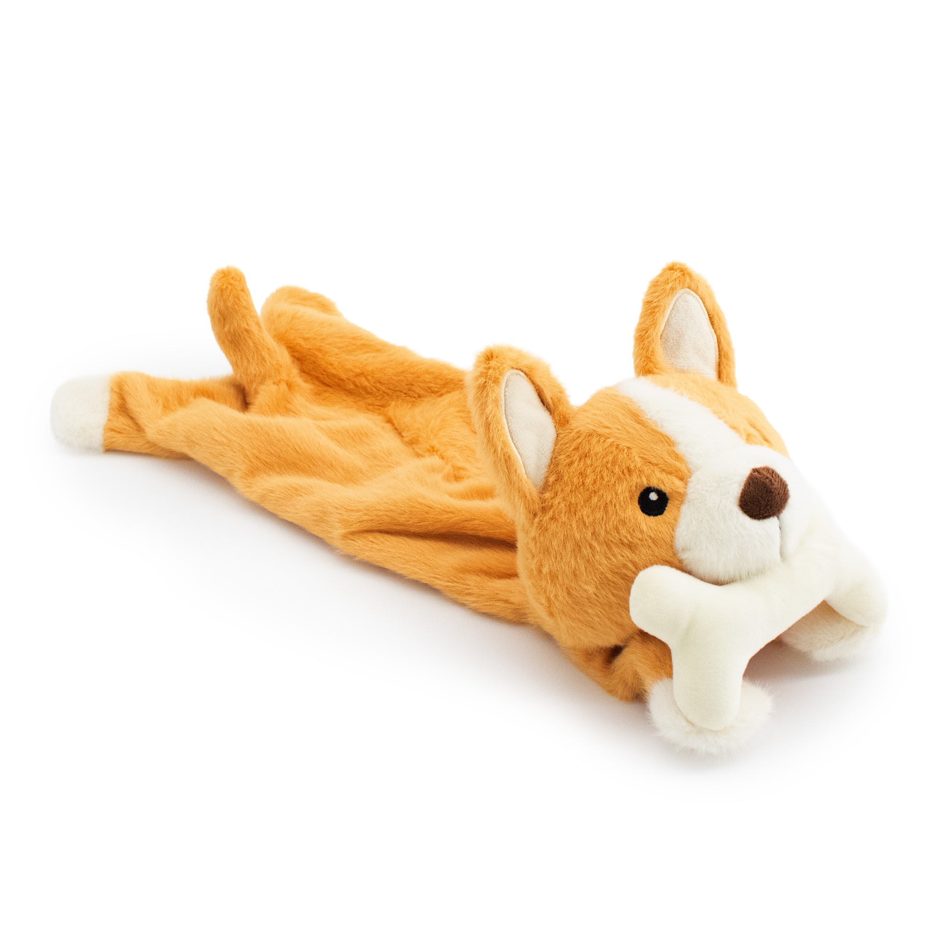 18" Jiggles Flattie w/ Squeaker Ball plush dog toy with soft fabric, designed for gentle play and cuddling