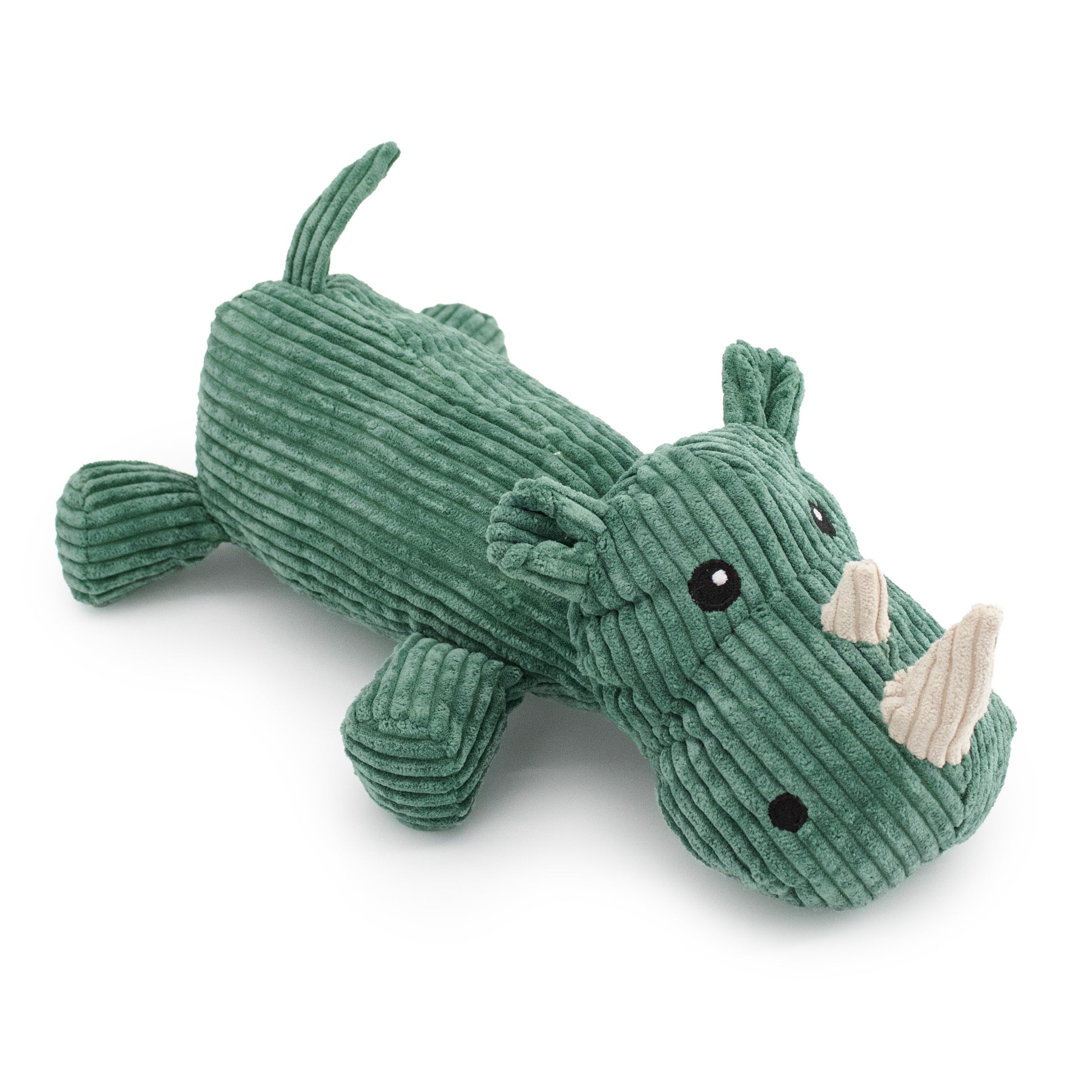 12" Lying Tank Rhino w/ Squeaker & Crinkle plush dog toy with soft fabric, designed for gentle play and cuddling
