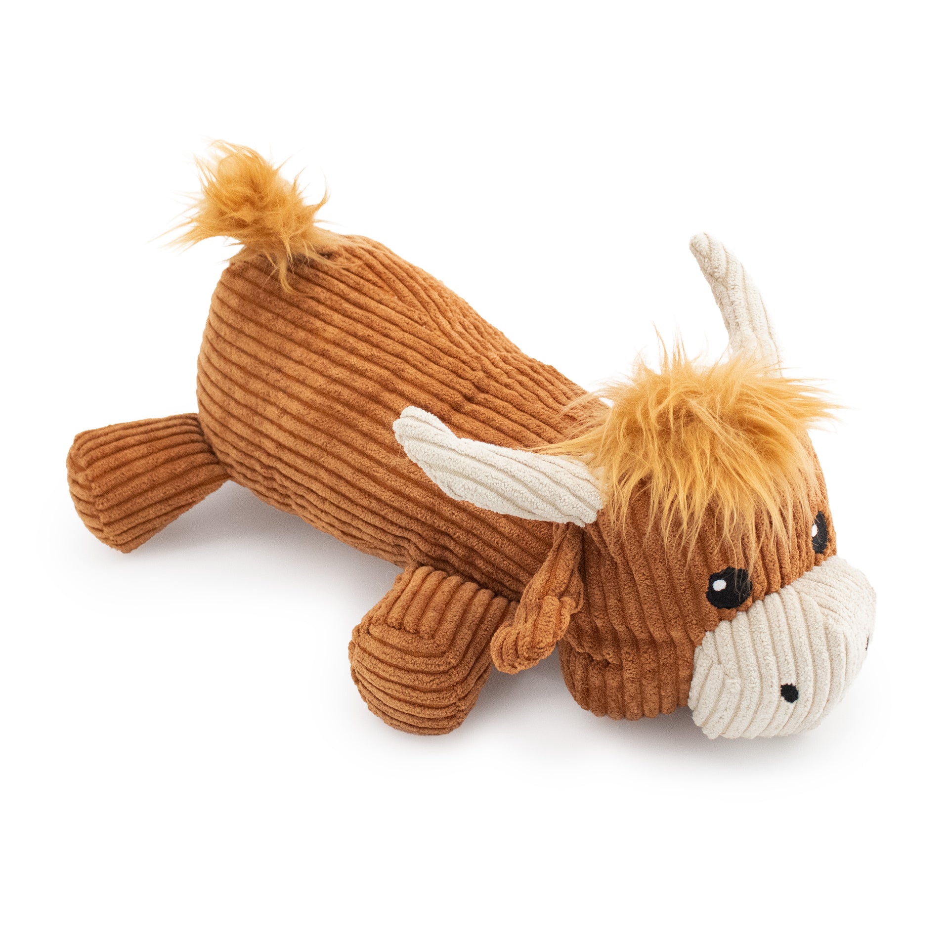 12" Laying Moo-Lisa Highland Cow w/ Squeaker & Crinkle plush dog toy with soft fabric, designed for gentle play and cuddling