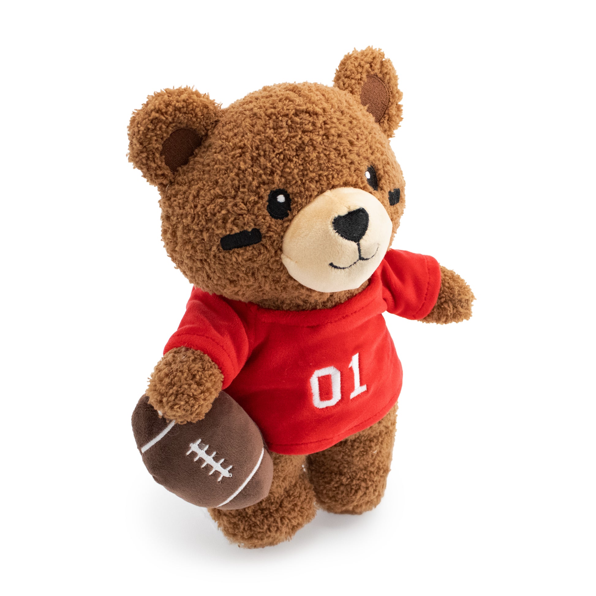 9" Touchdown Teddy w/ Squeaker & Crinkle plush dog toy with soft fabric, designed for gentle play and cuddling
