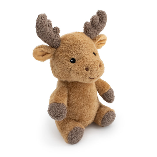 12" Spruce the Moose w/ Squeaker & Crinkle plush dog toy with soft fabric, designed for gentle play and cuddling