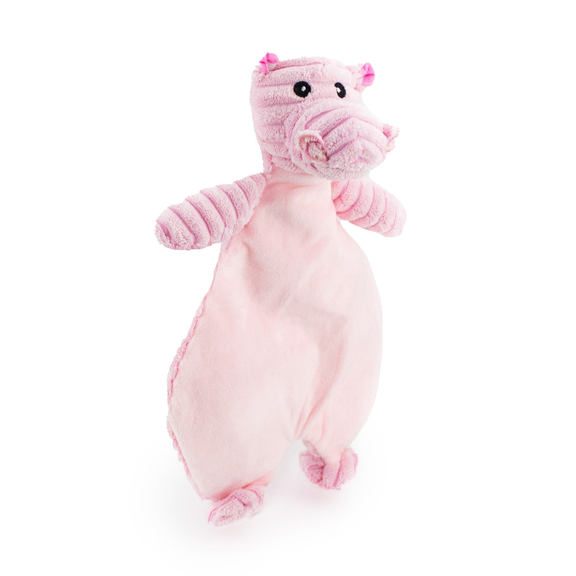 12" Corduroy Hippo Flattie plush dog toy with soft fabric, designed for gentle play and cuddling