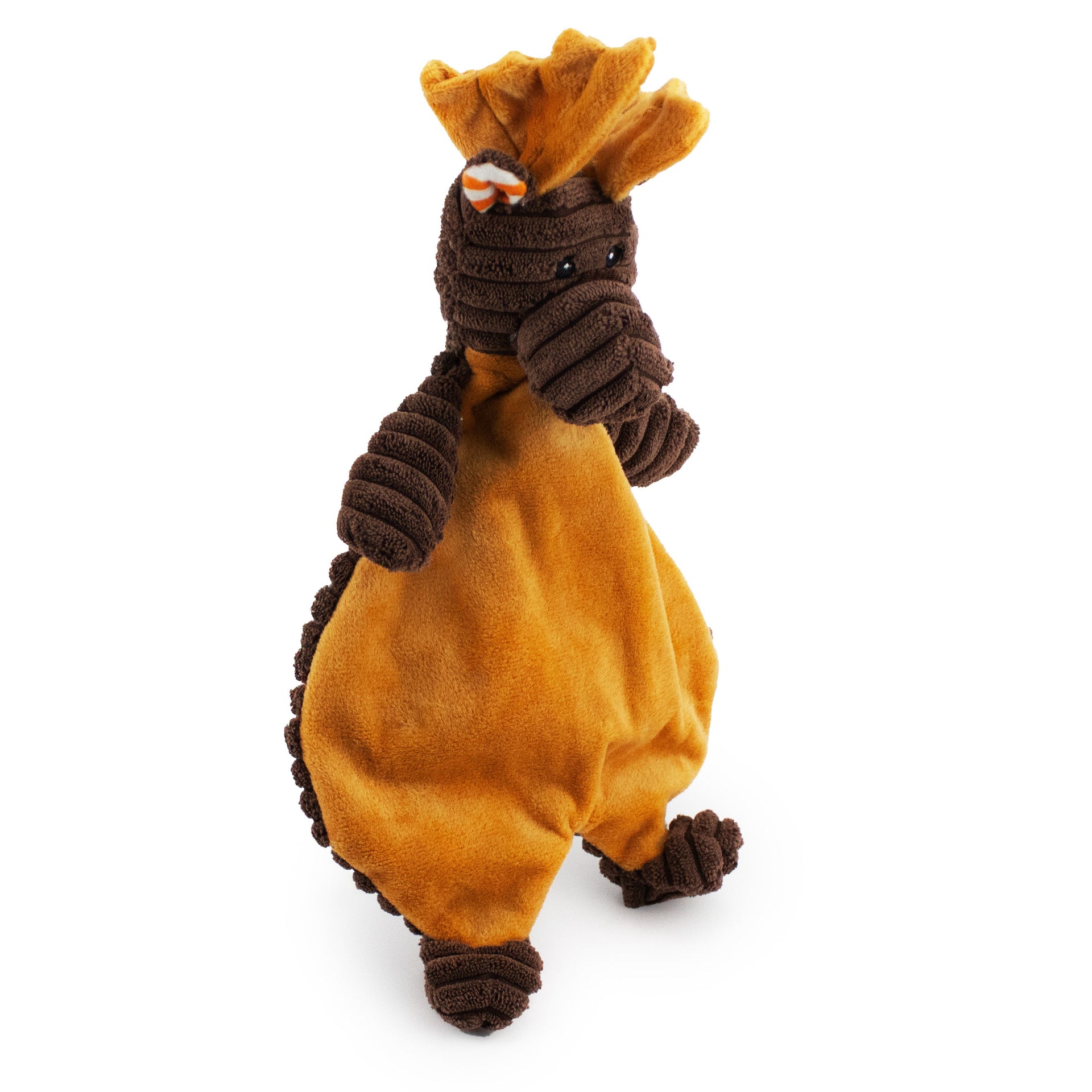 18" Corduroy Moose Flattie W/ Squeaker and Crinkle plush dog toy with soft fabric, designed for gentle play and cuddling
