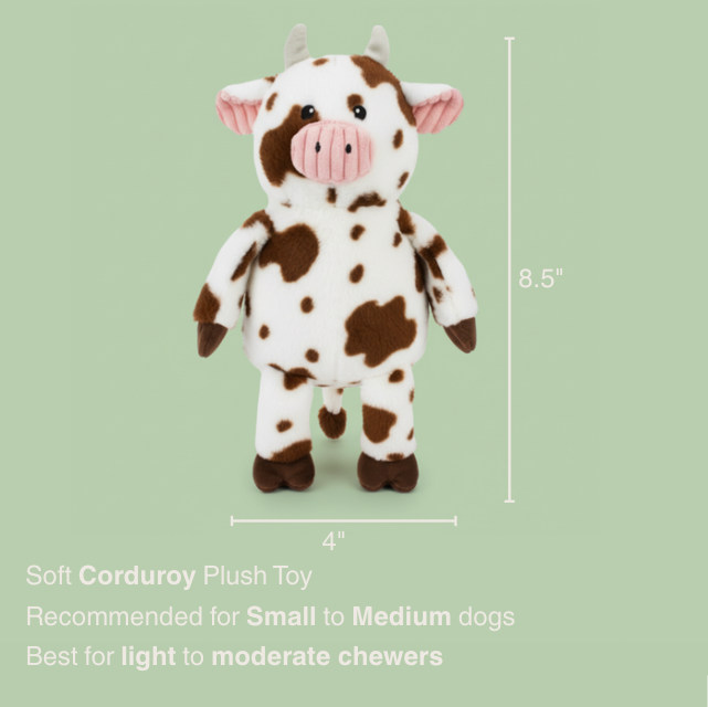 8.5" Cow w/ squeaker and crinkle plush dog toy with soft fabric, designed for gentle play and cuddling
