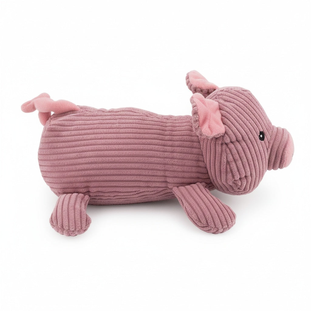 12" Corduroy Lying Pig w/ Squeaker & Crinkle plush dog toy with soft fabric, designed for gentle play and cuddling
