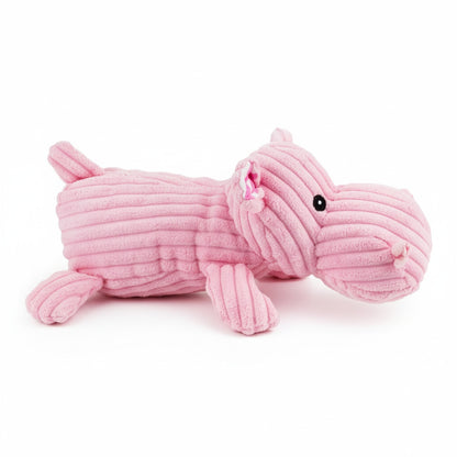 12" Corduroy Lying Hippo w/ Squeaker & Crinkle plush dog toy with soft fabric, designed for gentle play and cuddling