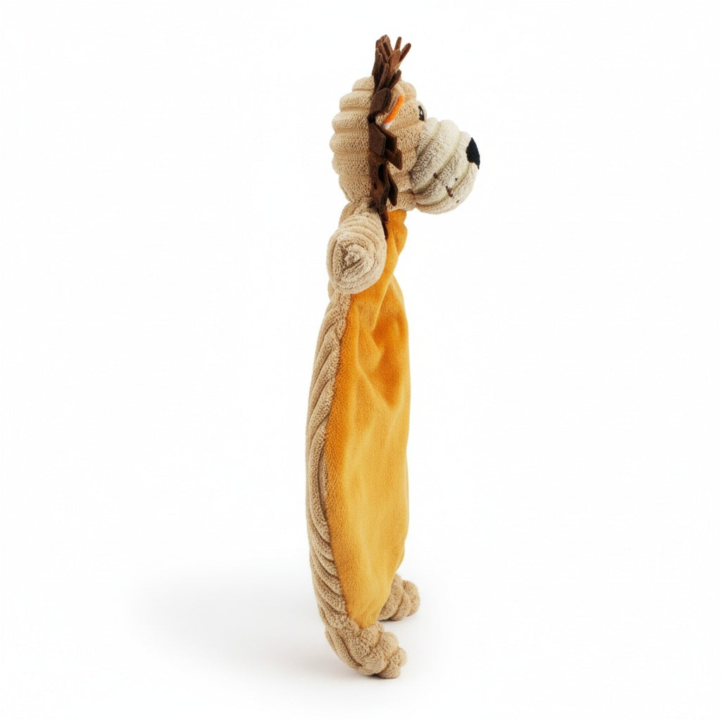 12" Corduroy Lion Flattie plush dog toy with soft fabric, designed for gentle play and cuddling