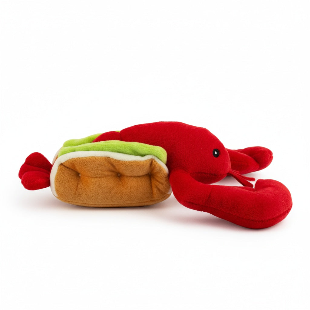 12" Lobster Roll w/ Squeaker and Crinkle plush dog toy with soft fabric, designed for gentle play and cuddling