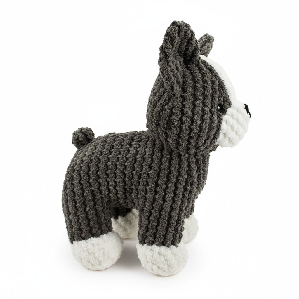 9" Boston Bo w/ Squeaker & Crinkle plush dog toy with soft fabric, designed for gentle play and cuddling
