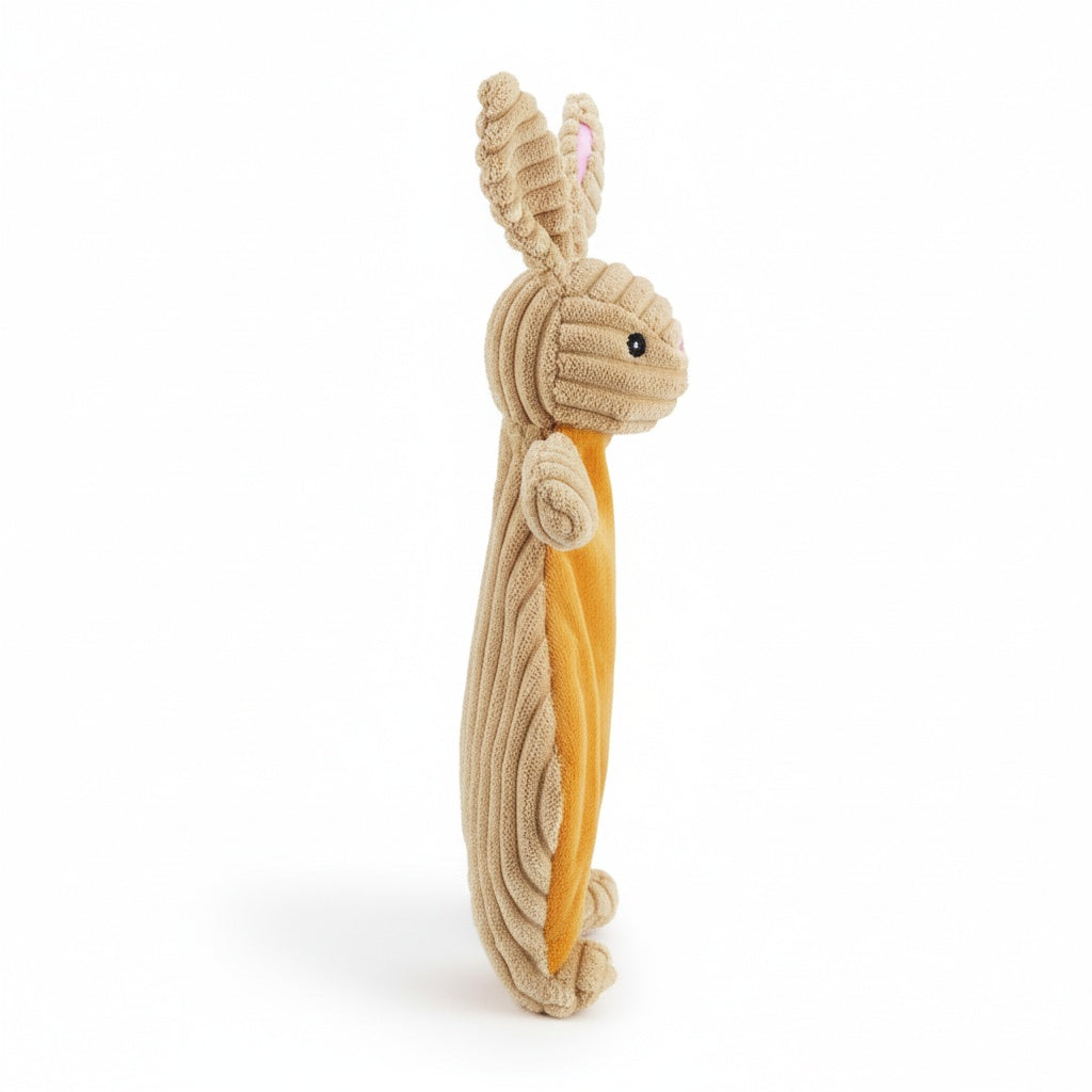 12" Corduroy Bunny Flattie - Tan plush dog toy with soft fabric, designed for gentle play and cuddling
