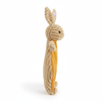 12" Corduroy Bunny Flattie - Tan plush dog toy with soft fabric, designed for gentle play and cuddling