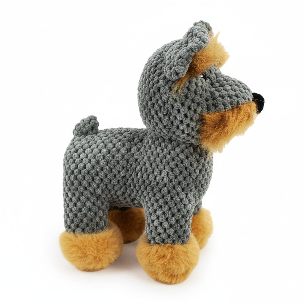 9" Sammy Schnauzer w/ Squeaker & Crinkle plush dog toy with soft fabric, designed for gentle play and cuddling