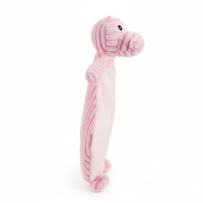 12" Corduroy Hippo Flattie plush dog toy with soft fabric, designed for gentle play and cuddling