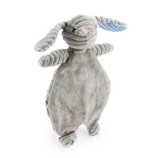 12" Corduroy Bunny Flattie - Gray plush dog toy with soft fabric, designed for gentle play and cuddling